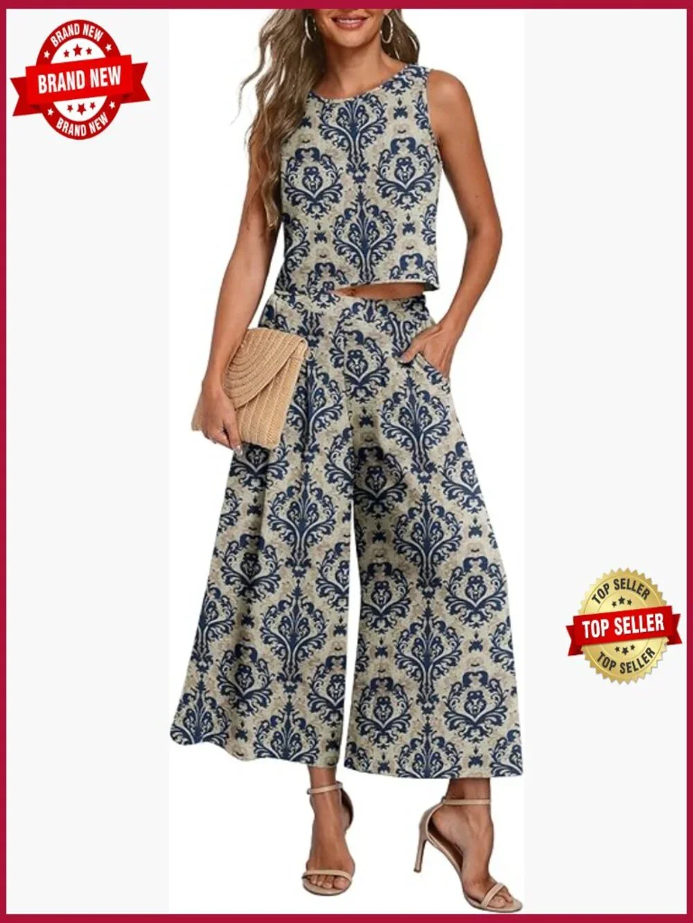 Sleeveless Crop Top & Wide Leg Pants Matching Set 2 Piece Outfit